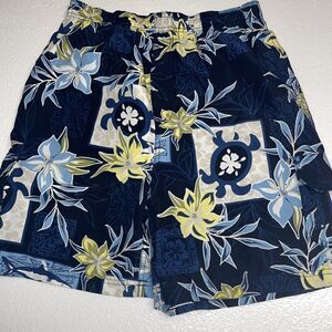 Mens Sand N Sun Swim Trunks Size M(32/34) Navy/Blue Floral 100% Polyester